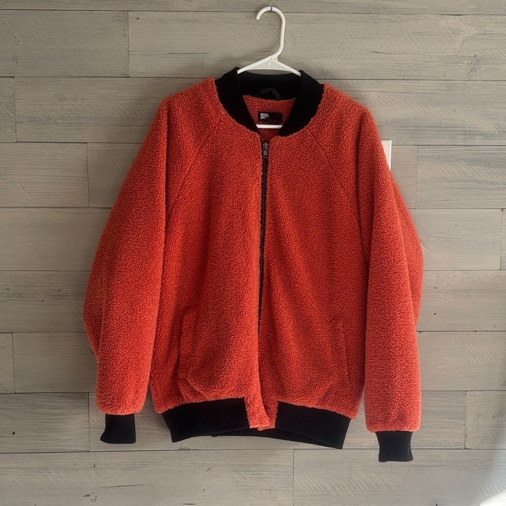 Vibrant Red Teddy Jacket with Black Trim